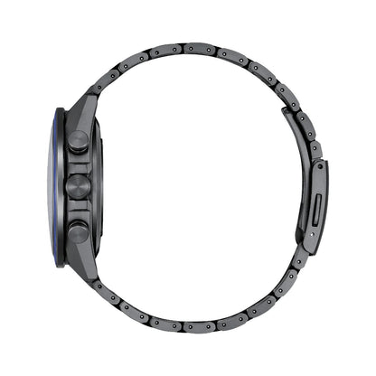 Close-up of a smartwatch with a metallic band on a white background