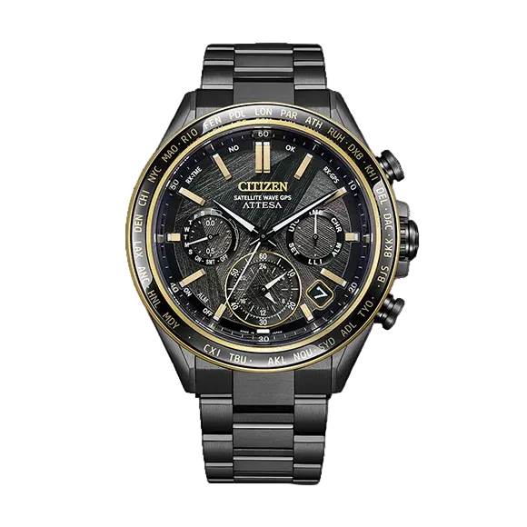 Citizen watch with black and gold design on a white background