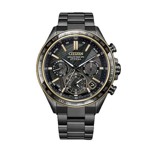 Citizen watch with black and gold design on a white background