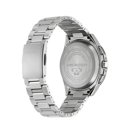 Silver Citizen watch with metal band on a white background