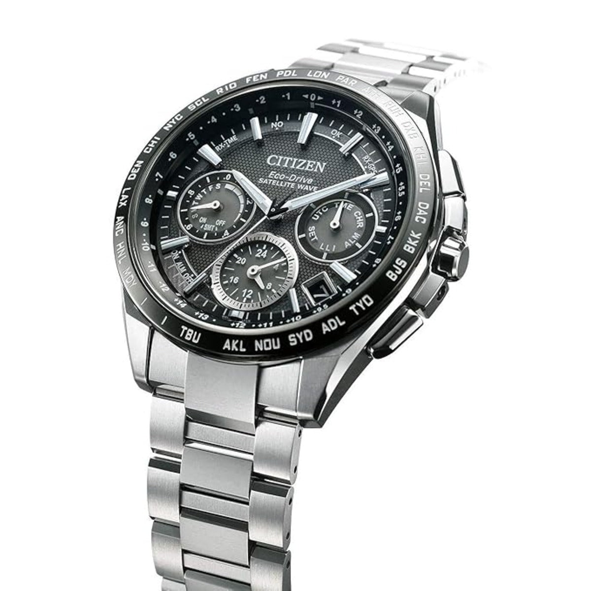 Silver Citizen watch with a detailed face on a white background