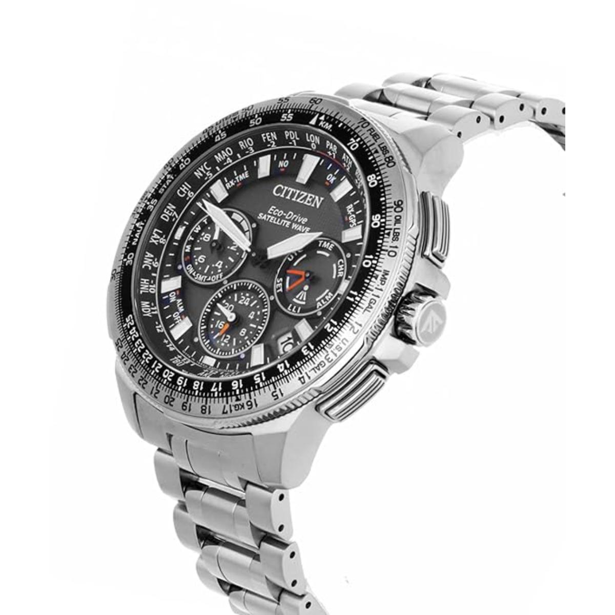 Silver Citizen watch with a detailed face on a white background