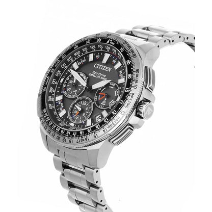 Silver Citizen watch with a detailed face on a white background
