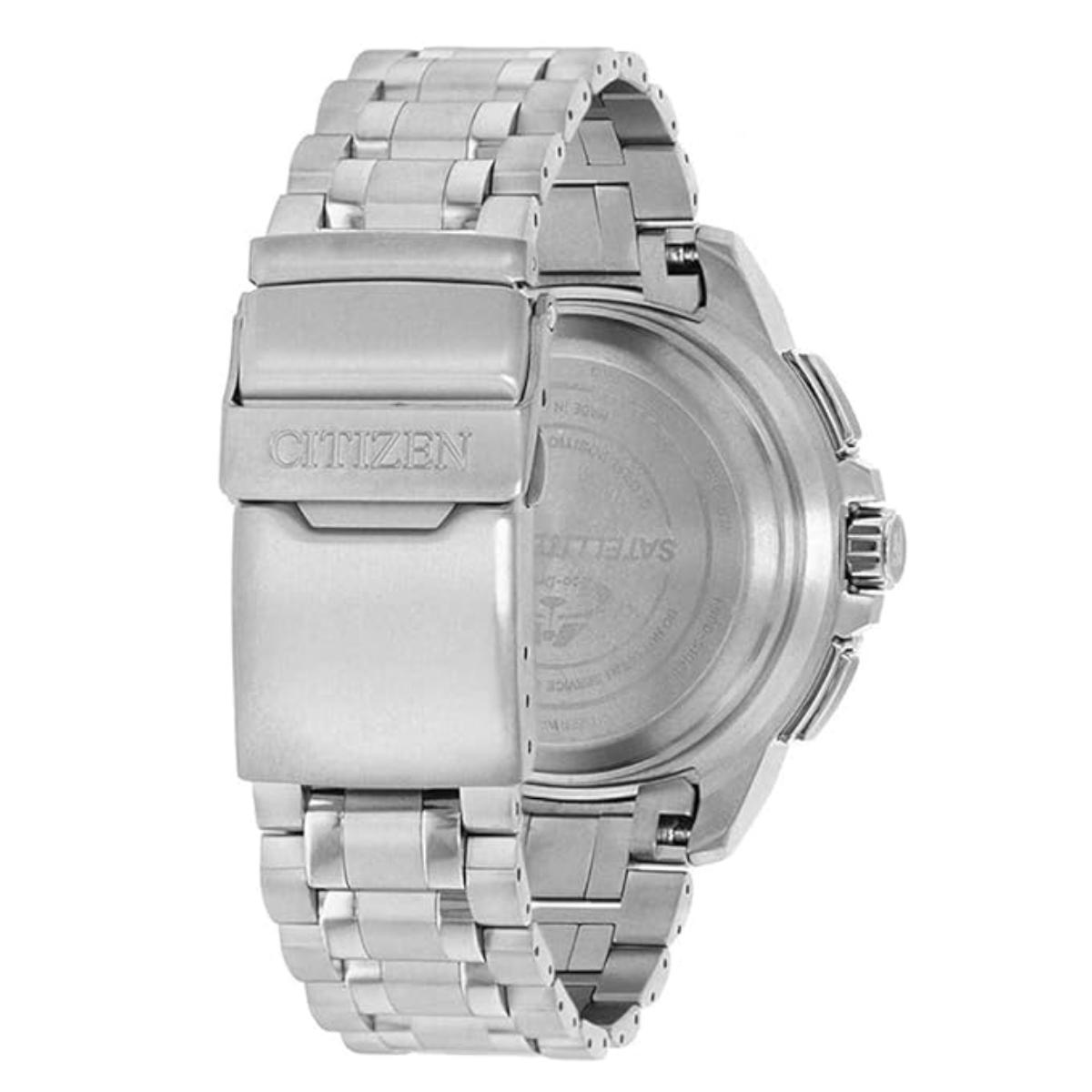 Silver Citizen watch with metal band on a white background