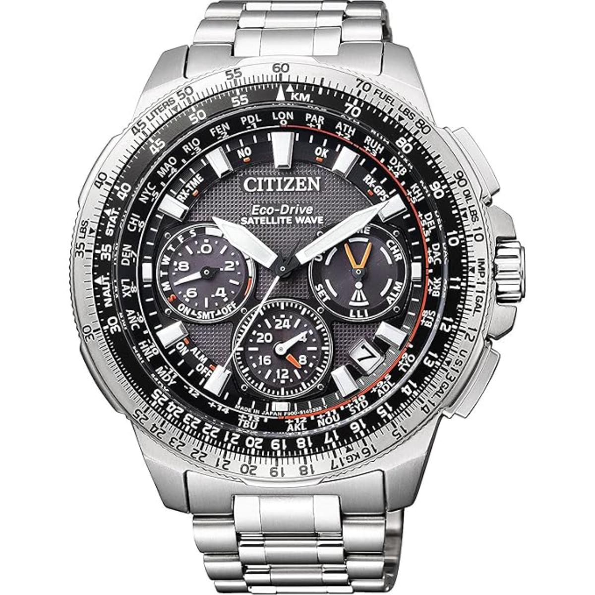 Citizen watch with detailed face and metal band on a white background