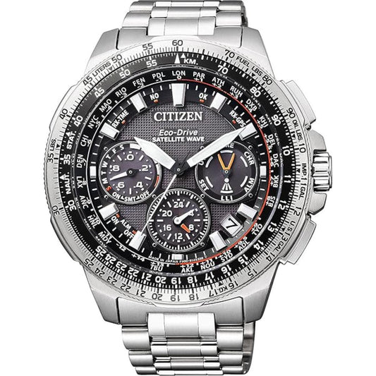 Citizen watch with detailed face and metal band on a white background