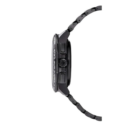 Black watch with detailed case and strap on a white background