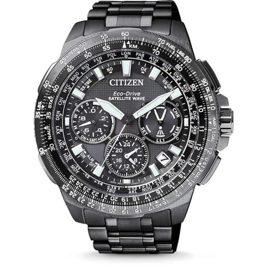 Citizen watch with detailed face and metal bracelet on a white background