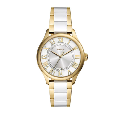 Fossil Gilmore Three-Hand Date Gold-Tone and White Ceramic Women Watch CE1131