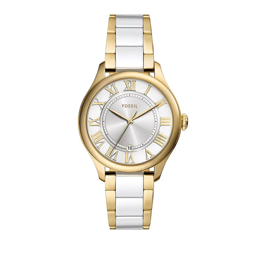 Fossil Gilmore Three-Hand Date Gold-Tone and White Ceramic Women Watch CE1131