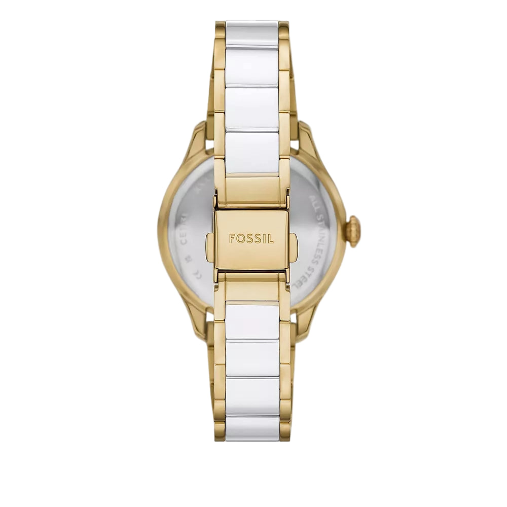 Fossil Gilmore Three-Hand Date Gold-Tone and White Ceramic Women Watch CE1131