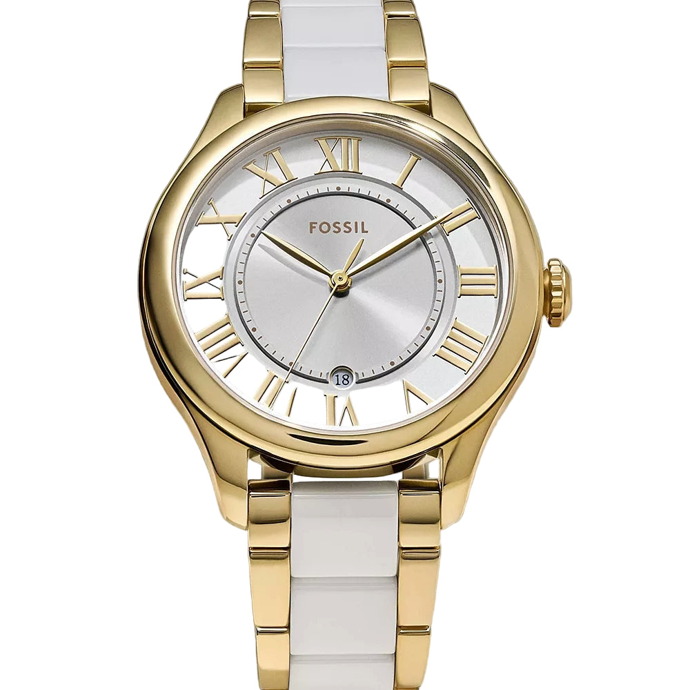 Fossil Gilmore Three-Hand Date Gold-Tone and White Ceramic Women Watch CE1131