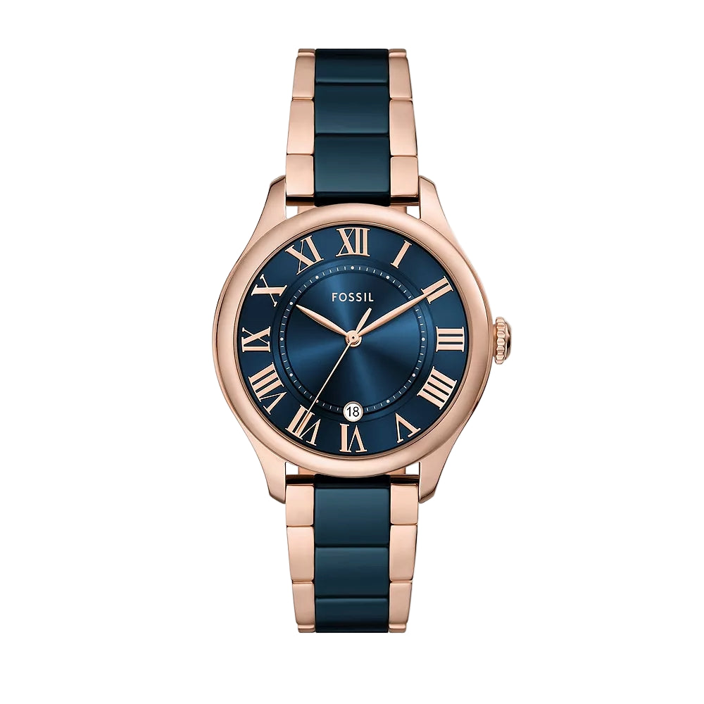 Fossil Gilmore Three-Hand Date Rose Gold-Tone and Navy Ceramic Women Watch CE1134