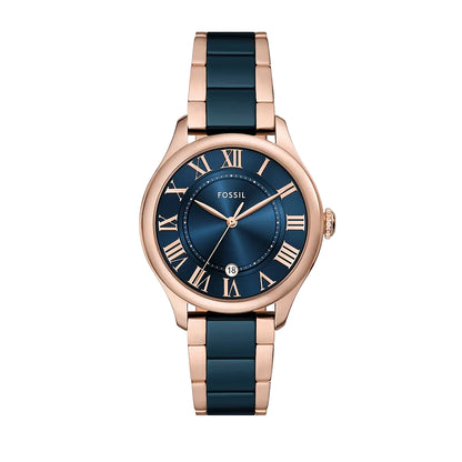 Fossil Gilmore Three-Hand Date Rose Gold-Tone and Navy Ceramic Women Watch CE1134
