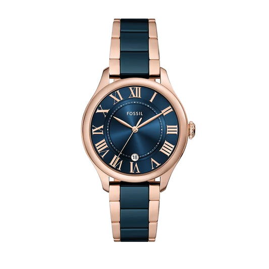 Fossil Gilmore Three-Hand Date Rose Gold-Tone and Navy Ceramic Women Watch CE1134