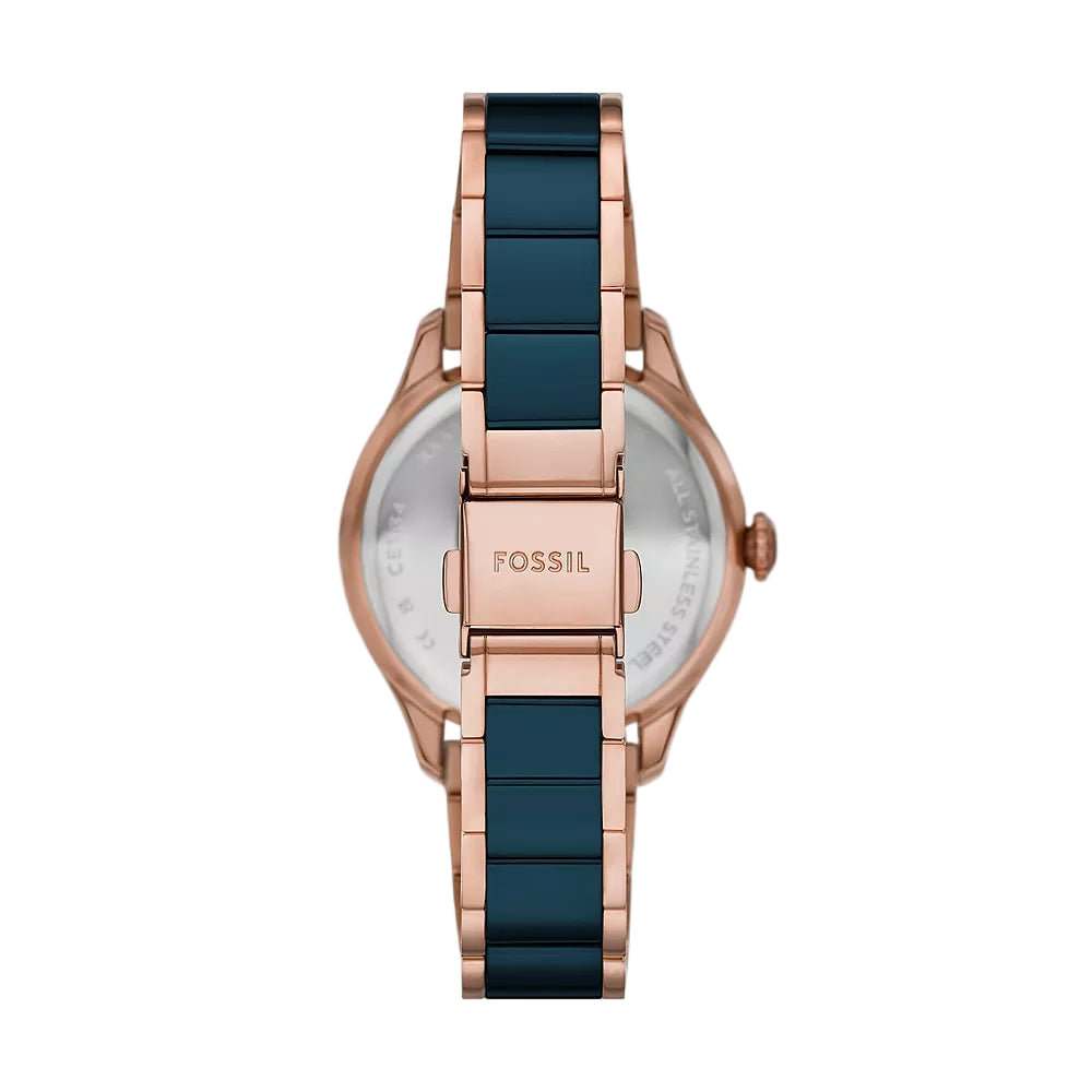 Fossil Gilmore Three-Hand Date Rose Gold-Tone and Navy Ceramic Women Watch CE1134