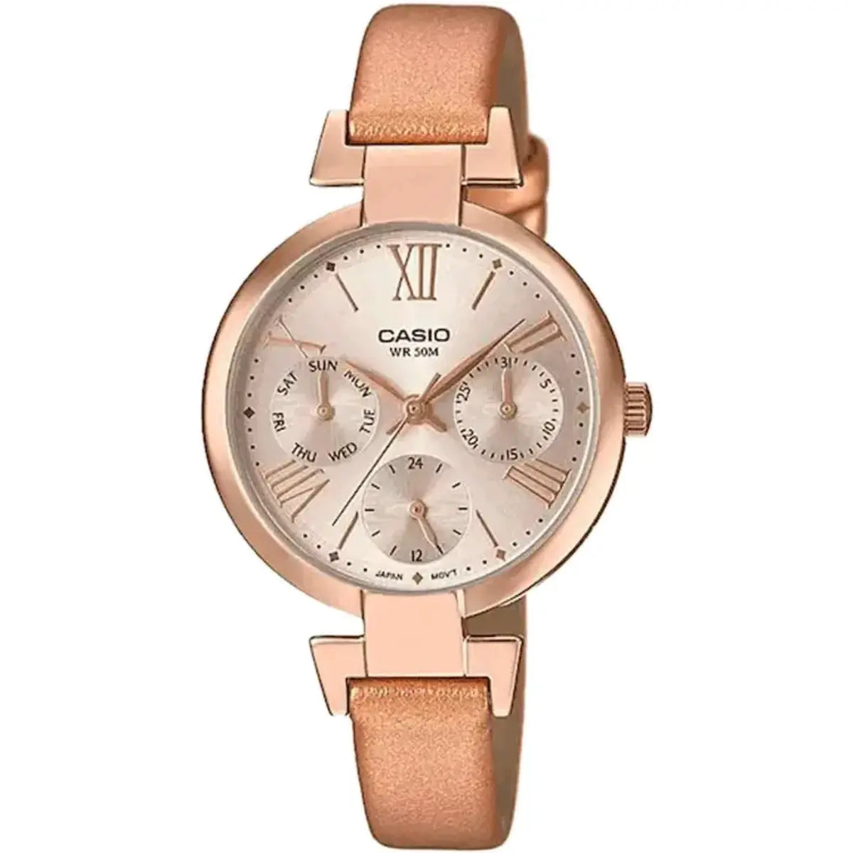 A Casio Enticer women's watch with a rose gold case and leather band, displaying a rose gold dial and multiple subdials.
