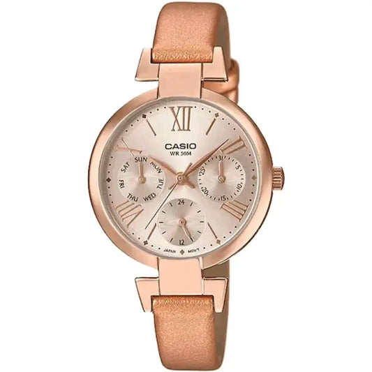 A Casio Enticer women's watch with a rose gold case and leather band, displaying a rose gold dial and multiple subdials.