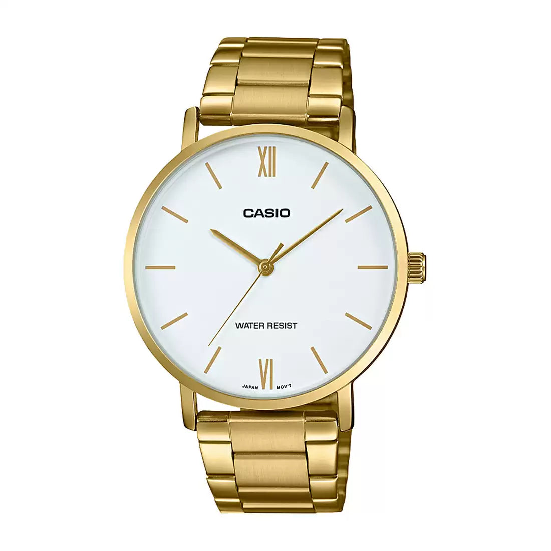 A gold Casio analog watch with a gold-plated stainless steel band and a white dial.