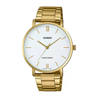 A gold Casio analog watch with a gold-plated stainless steel band and a white dial.