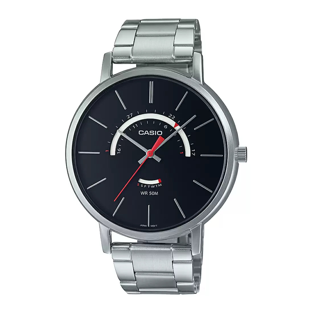 A Casio ENTICER men's analog watch with a silver stainless steel band and a black dial with silver accents.
