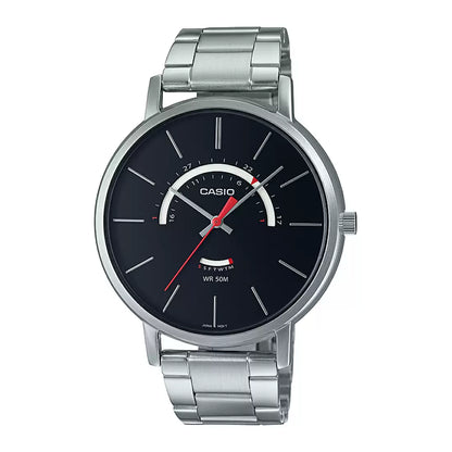 A Casio ENTICER men's analog watch with a silver stainless steel band and a black dial with silver accents.