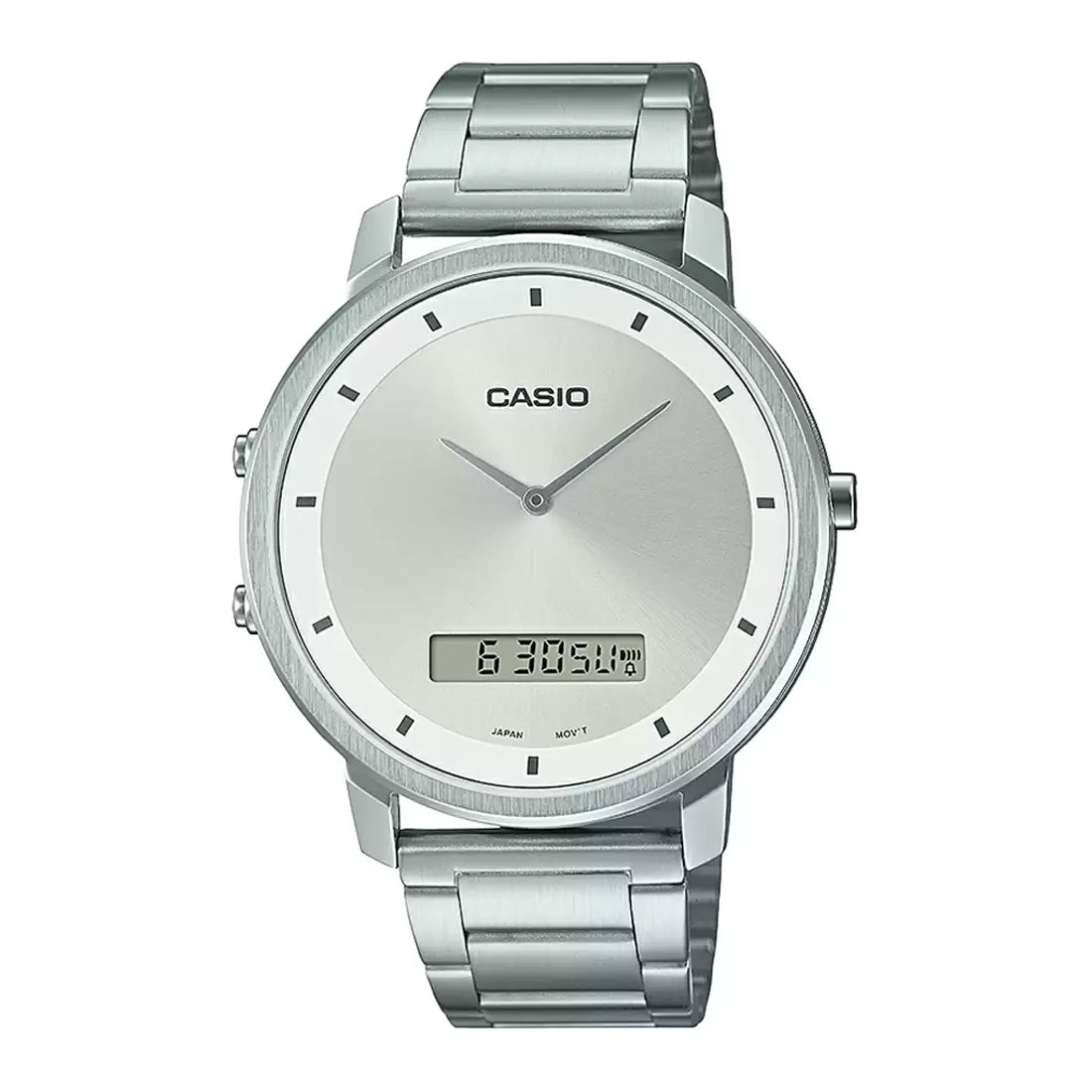 A Casio ENTICER men's analog-digital watch with a silver band and dial, showing time and date.
