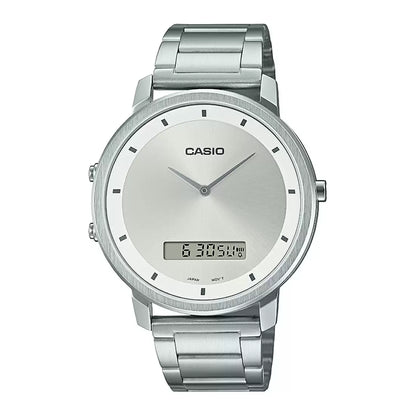 A Casio ENTICER men's analog-digital watch with a silver band and dial, showing time and date.