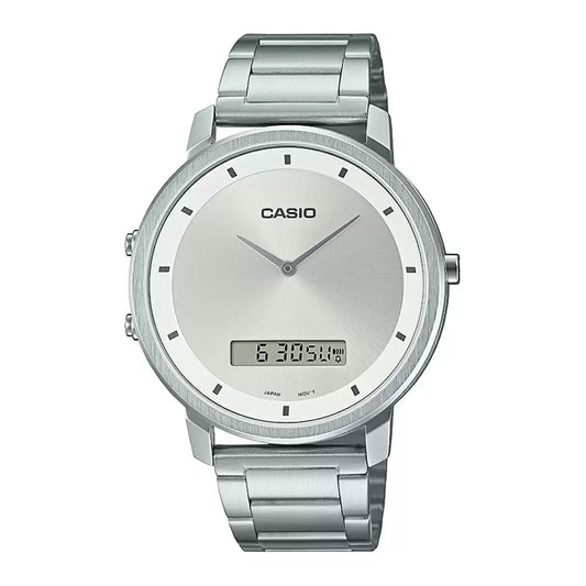 A Casio ENTICER men's analog-digital watch with a silver band and dial, showing time and date.
