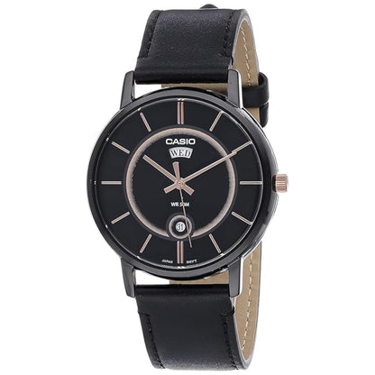 A Casio MTP-B120BL-1AVDF men's watch with a black leather band and a black analog dial with gold-tone accents.