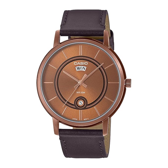 A Casio ENTICER men's analog watch with a brown dial and a dark brown leather band.