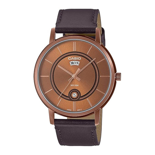 A Casio ENTICER men's analog watch with a brown dial and a dark brown leather band.