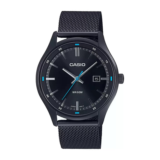 A Casio ENTICER men's watch with a black band and black dial, featuring traditional analog hands and a date display.