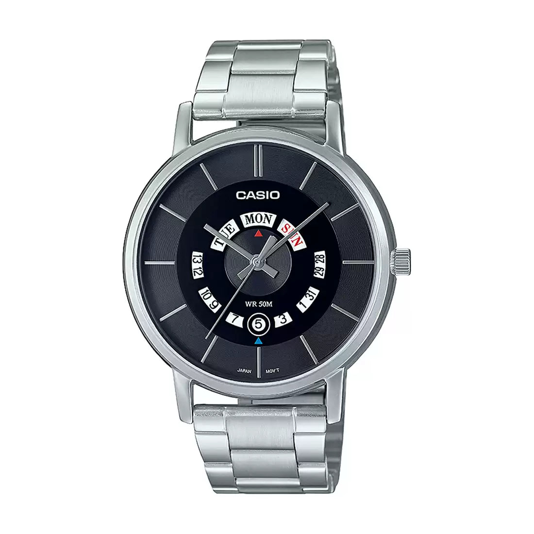 A Casio ENTICER men's analog watch with a black dial and day/date display, featuring a silver stainless steel bracelet and case.