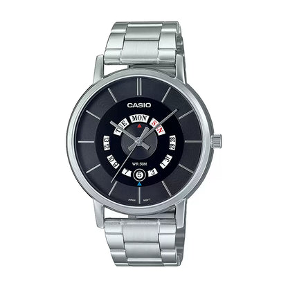 A Casio ENTICER men's analog watch with a black dial and day/date display, featuring a silver stainless steel bracelet and case.