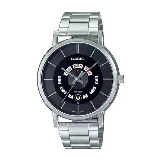 A Casio ENTICER men's analog watch with a black dial and day/date display, featuring a silver stainless steel bracelet and case.