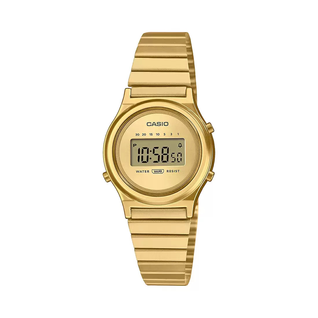 A gold Casio digital watch with a metal band and a round dial.
