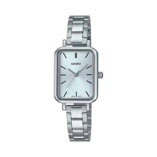 Silver Casio watch on a white background
