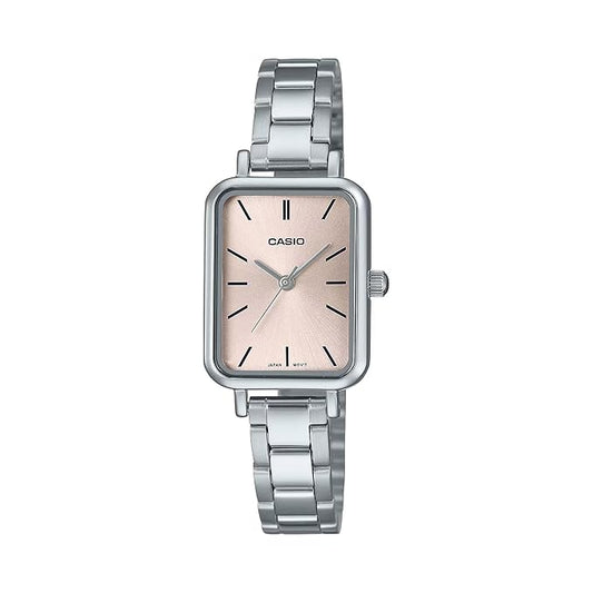 Casio watch with silver strap and pinkish-beige dial on a white background