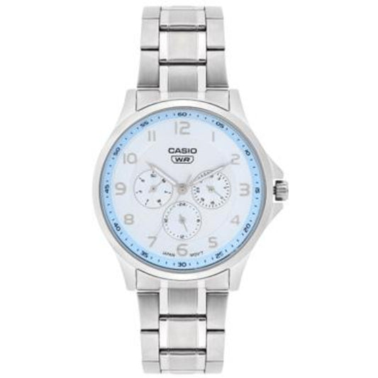 Silver Casio watch with a blue face on a white background
