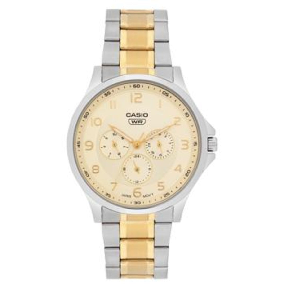 Casio watch with two-tone gold and silver strap on a white background