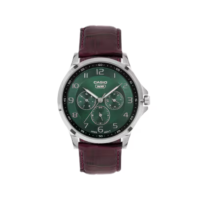 Casio watch with green face and burgundy leather strap on a white background