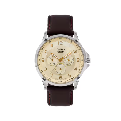 Casio watch with brown leather strap on a white background