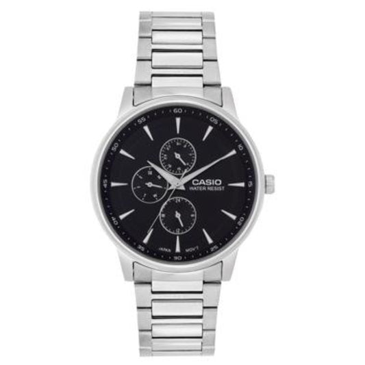 Casio watch with black dial and silver metal strap on a white background
