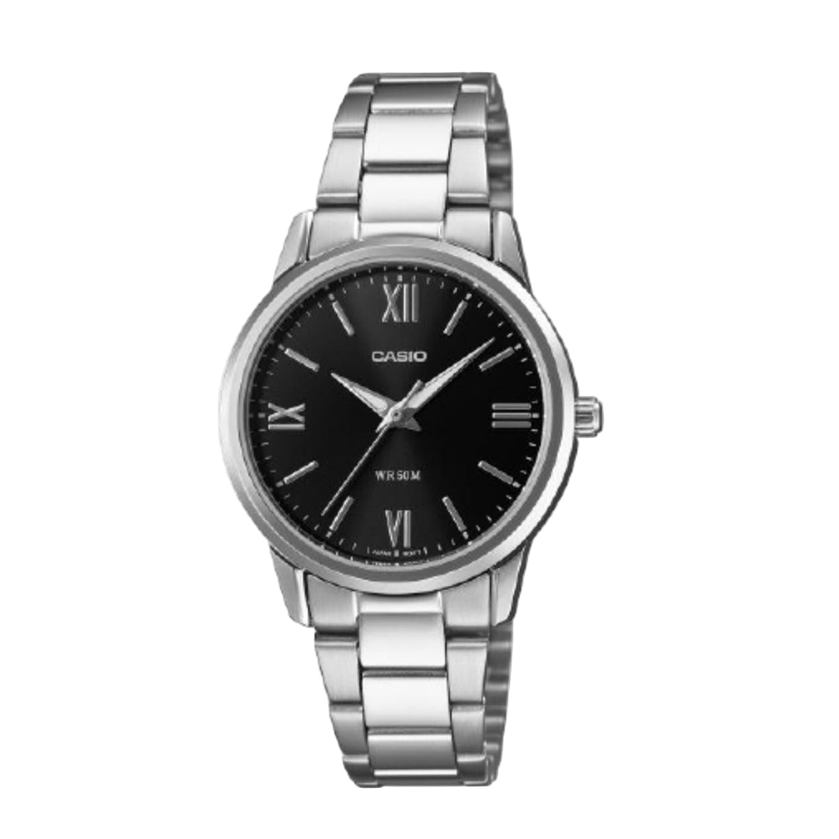 Casio watch with silver bracelet and black dial on a light gray background