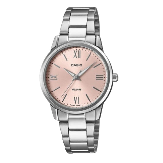 Casio watch with silver bracelet and pink dial on a white background