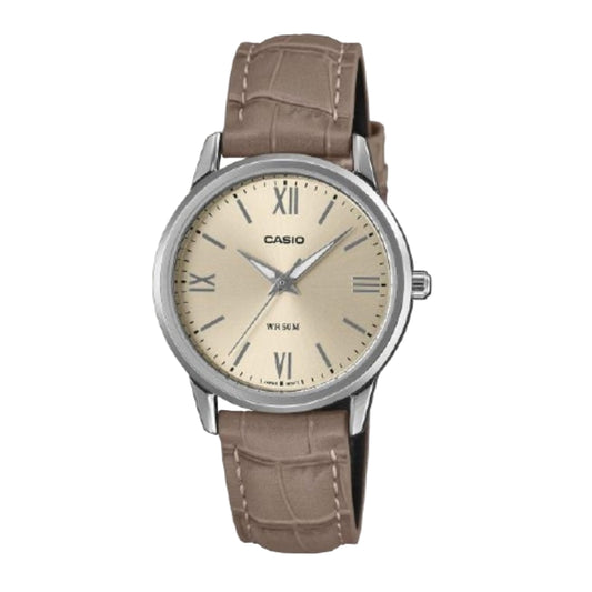 Casio watch with beige dial and brown leather strap on a white background