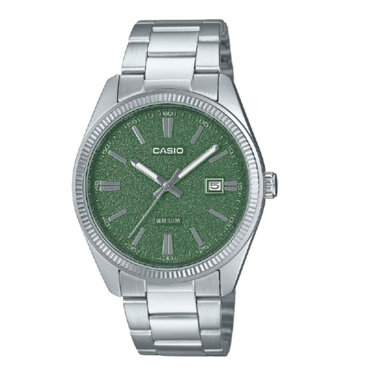 Casio watch with green dial and silver metal strap on a white background