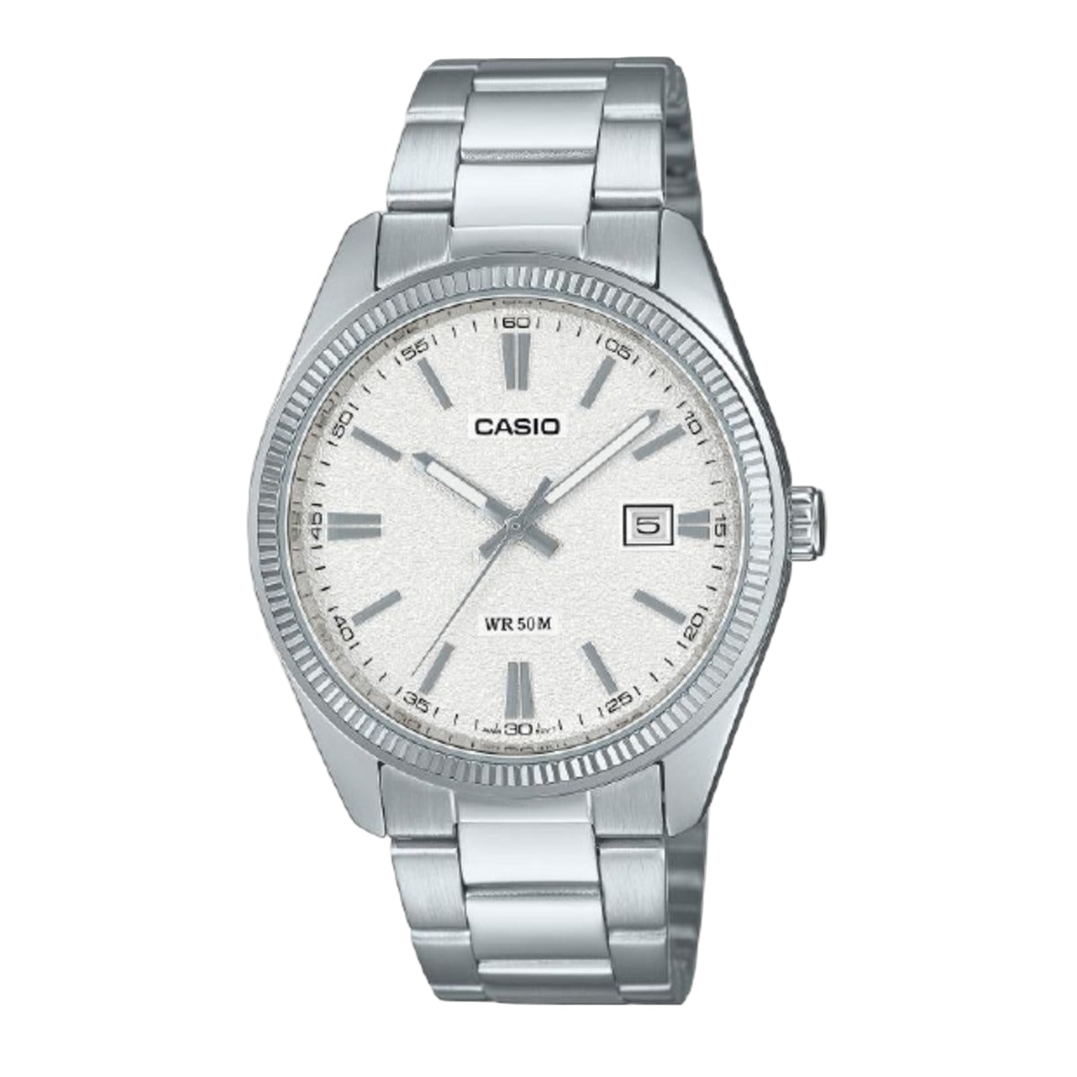 Silver Casio watch on a light gray background