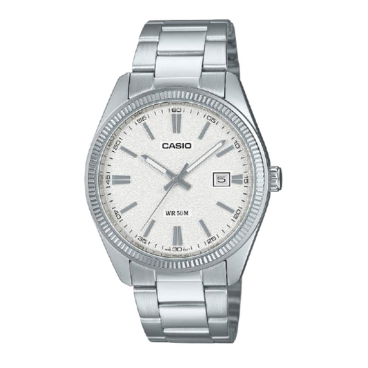 Silver Casio watch on a light gray background
